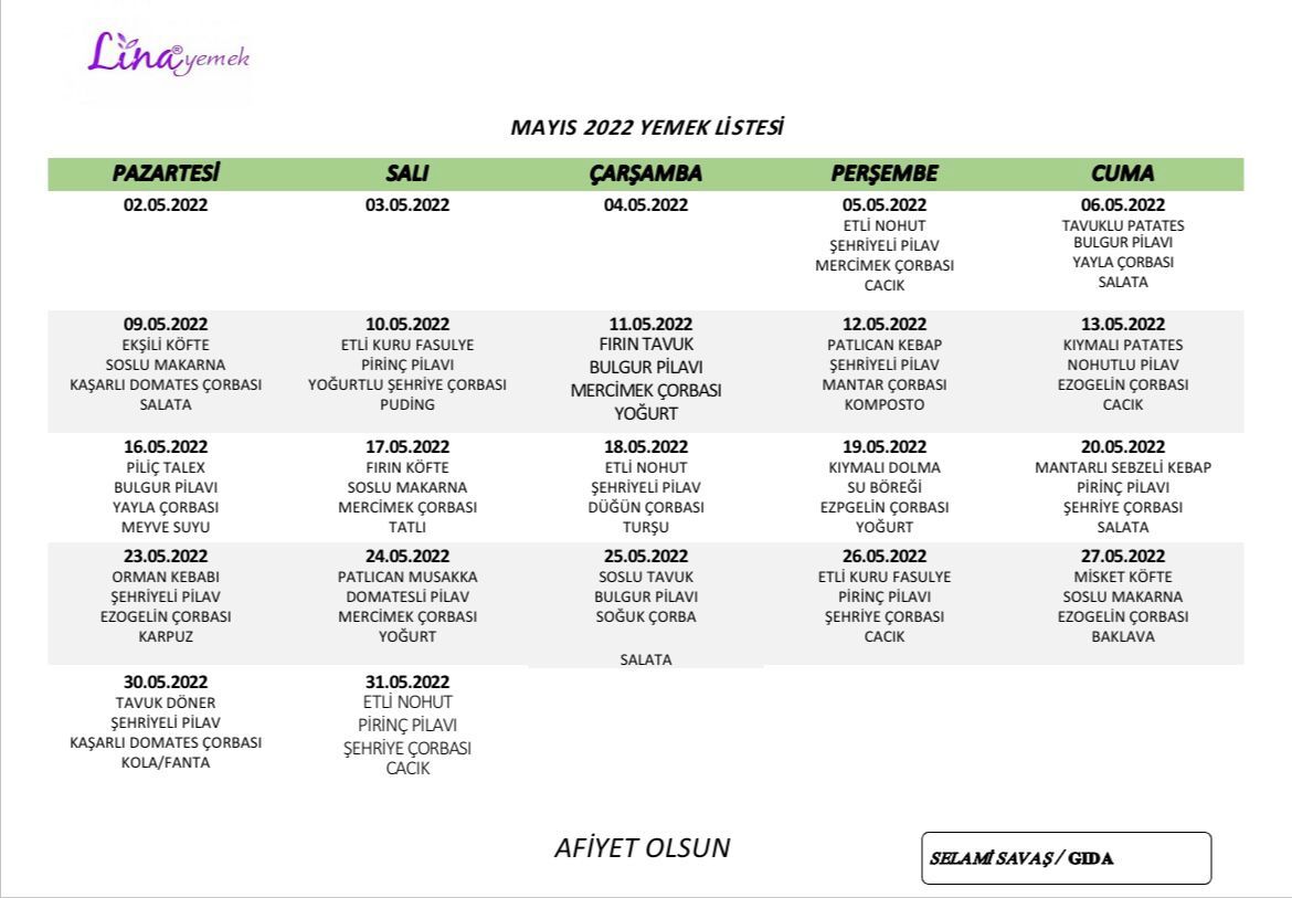 MAYIS YEMEK LİSTESİ MAYIS YEMEK LİSTESİ